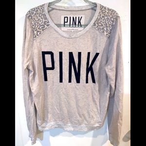 PINK Gray Sweatshirt with Leopard Print Shoulders